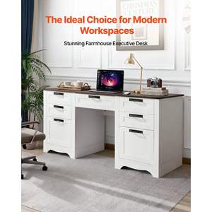 Escritorio Ejecutivo de Nogal, Tablero de Partículas Resistente, Capacidad de Carga de 200 Libras, Fácil Montaje, Mesa de Oficina Estilo Rústico con Estación de Carga - Product Image 2