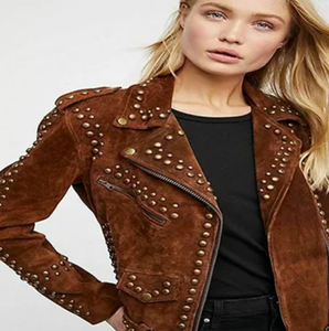 <b>Women's</b> Brown <b>Suede</b> Moto <b>Jacket</b> With Rivet Details Turn-Down Collar Zipper Closure Full Sleeve Autumn Style - Product Image 5