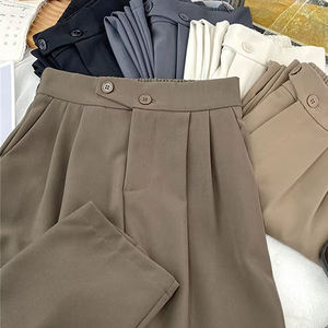 Pantalon large plissé taille haute pour femme, coupe ample, longueur cheville, couleur unie, style décontracté automne, en crêpe, fermeture boutonnée - Product Image 2