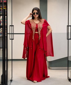 Ensemble Palazzo en Georgette Fantaisie avec Broderie Zari, Veste et Blouse Style Western, Style Vintage Indien/Pakistanaise, Séchage Rapide, Mariage 86242 - Product Image 1