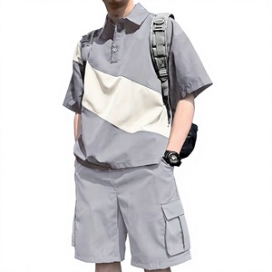 Men's Color Blocking Polo Shirt With Cargo Shorts Set Breathable Summer Casual Outfit Gray And Cream - Product Image 1