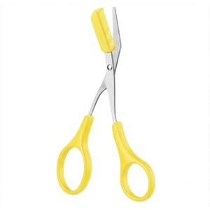 Ciseaux à sourcils en acier inoxydable, lame droite, manche en plastique jaune, pour droitier, outil de beauté et de toilettage - Product Image 1