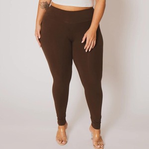 High Waisted Full Length Solid Brown <b>Leggings</b> Plus Size Stretch Knitted Spandex <b>Nylon</b> Women's Basic All Seasons Wear - Product Image 4