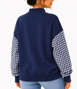 Wholesale Custom Women's Gingham Letter Applique <b>Mock</b> <b>Neck</b> Sweatshirt Patchwork Sleeve Loose Drop Shoulder <b>Top</b> - Product Image 5