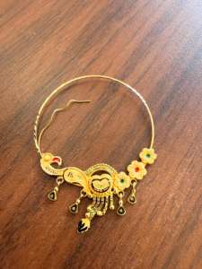 Anneau de nez en or massif 22 carats, bijou de mariage traditionnel indien, design Nath motif paon floral émaillé, grande taille, fil de piercing - Product Image 6