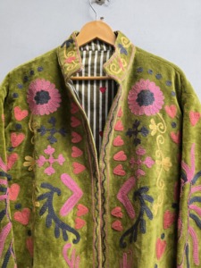 Premium <b>Green</b> <b>Velvet</b> Suzani <b>Jacket</b> for <b>Women</b> Multicolor Floral Embroidery Bohemian Ethnic Coat Wholesale Designer Winter Wear - Product Image 4