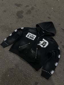 Custom Oversized Full Zip Hoodie Premium Heavyweight Cotton Graphic Patchwork Stud Detail Streetwear Jacket Urban Fashion Hoodie - Product Image 2