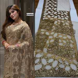 Heavy Sequins Embroidery <b>Butterfly</b> Net Saree Women Unstitched Blouse Piece Wrinkle Free Quick Dry Festive Party Modern Apparel - Product Image 3