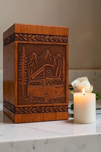 Personalized Camper Van Wooden Urn <b>Box</b> Mountain Forest RV <b>Memorial</b> Keepsake Personalized Camper Van Wooden Cremation Urn <b>Box</b> - Product Image 1