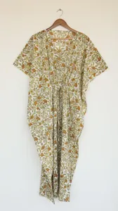 Elegante Vestido Kaftán de Algodón con Estampado Floral a Mano, Vestido Holgado Amarillo de Estilo Bohemio para Mujer, Vestido Casual de Verano para Vacaciones - Product Image 2