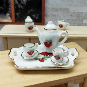 Miniature 1:<b>12</b> Ceramic Tea Set Strawberry Pattern Dollhouse Tableware Home Decor Gift for age 14+ - Product Image 2