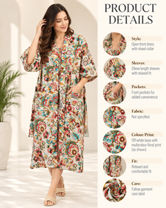Bata Kimono Floral de Algodón Orgánico al por Mayor |   Bata de dormir con estampado artesanal y bolsillos |   Conjunto de Pijama de Manga Larga con Cuello en V - Product Image 4
