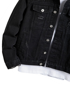 Veste en jean pour homme de haute qualité, style camionneur, boutonnée, avec broderie personnalisée et poches, effet vieilli - Product Image 3