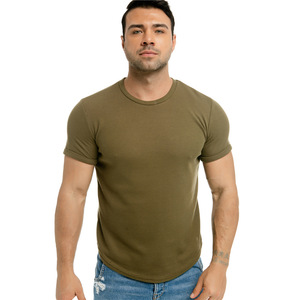 Camiseta de Manga Corta para Hombre, Color Verde Oliva, Tejido Waffle, Corte Ajustado, Cuello Redondo, Transpirable, Algodón, Color Sólido - Product Image 1