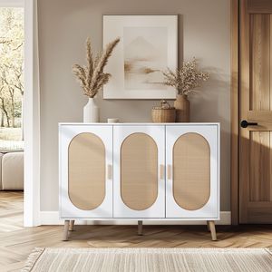 Armadio Alto a 3 Ante con Piano in Rattan Ovale, Struttura Bianca, Naturale, 113*40*83.5cm, in Truciolato, Scarpiera in Plastica - Product Image 2