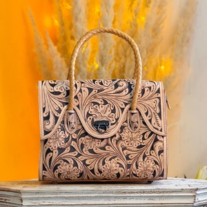 2026 New Fashionable Hand Tooled Florals Carved 100% Genuine Leather <b>Tote</b> Purse Handbag Wholesale <b>Zip</b> Closure <b>Tote</b> Bag For Women - Product Image 1