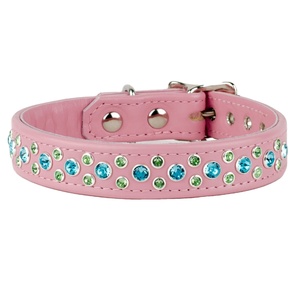 Pink Leather Dog Collar With Blue & Green Rhinestones <b>Studs</b> Work All Sizes Available Top Indian Supplier - Product Image 3