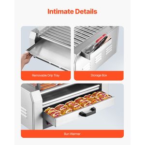 Macchina per hot dog in acciaio inox con 30 rulli, 1950W, grill per salsicce, scaldapane e copertura, attrezzatura per mantenere caldi 3 hot dog - Product Image 4