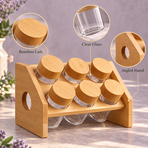 Ensemble de pots à épices en verre avec couvercles en bambou et support d'affichage incliné pour le rangement sur le comptoir de cuisine |   Organisateur d'assaisonnements moderne - Product Image 3