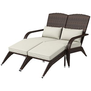 Sedia Adirondack da giardino in vimini per 2 persone con schienale alto e cuscini bianco crema - Product Image 1
