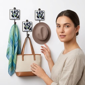 Ceramic Tile Wall Hook Flower Design Handmade Vintage Style <b>Single</b> Hook Waterproof Multifunction Self-adhesive Installation for - Product Image 2
