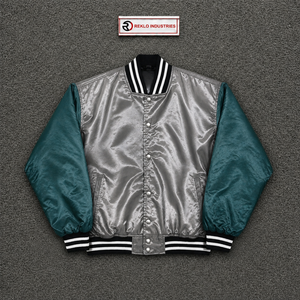 Chaqueta Varsity Personalizada en Gris y Verde Azulado Satinado, Chaqueta Bomber de Béisbol Premium Brillante con Mangas en Contraste y Rayas Blancas y Negras - Product Image 5