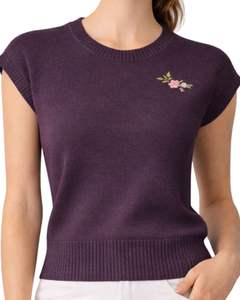 Pull sans manches en tricot violet pour femme, col rond, léger, décontracté, gilet d'été, broderie florale, haut élégant et tendance - Product Image 3