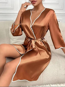 Camisón de Satén Estilo Europeo para Mujer, Ropa de Dormir Primavera/Verano, Bata Fina de Seda, Pijama de Seda, Color Sólido, Camisón Sexy - Product Image 3