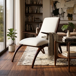 Fauteuil sculptural en bois massif de style Mid-Century Modern, fauteuil d'appoint rembourré, mobilier de luxe en teck pour salon. - Product Image 3