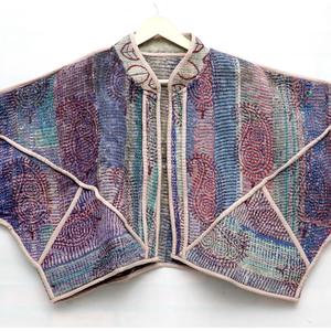 Chaqueta de Invierno para Mujer, Manga Tres Cuartos, Cuello Mandarín, Acolchada, Estilo Abierto, Tipo Blazer, Kantha, Corte Regular, Patchwork, Transpirable - Product Image 3