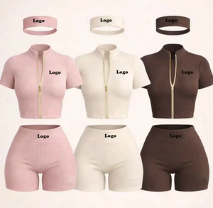 Women's 2 Piece Sporty <b>Crop</b> <b>Top</b> <b>Shorts</b> Set With Zipper Stand Collar <b>Short</b> Sleeve Solid Color Knitted Spandex Nylon Spring Summer - Product Image 1