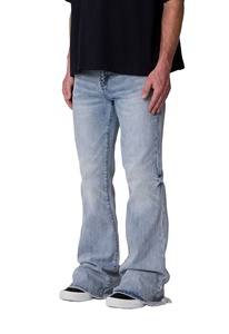 Stonewashed Flare Denim Jeans-Vintage Casual Style Eco-Friendly Lightweight Fabric Mid Waist Regular Fit Light Blue - Product Image 2