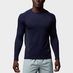 T-shirt de sport à manches longues pour homme, bleu foncé, coupe ajustée, séchage rapide, tricoté, col rond, couleur unie - Product Image 3