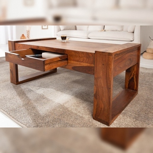 Vandana <b>Vintage</b> Modern Eco-Friendly Durable Sheesham Wood <b>Coffee</b> <b>Table</b> MARKANT 100cm Brown Stone Finish Drawer Storage Space - Product Image 4