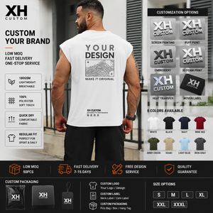XH Custom Men's Sleeveless O-Neck <b>T</b>-Shirt Cotton Jersey Casual Breathable Regular Fit Front Logo Print - Product Image 3