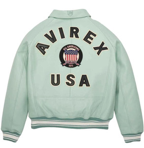 Chaqueta Bomber de PU Verde Claro para Hombre Avirex con Parche Bordado, Cuello Camisero, Cierre de Cremallera, Ropa Casual de Otoño, Precios Bajos - Product Image 4