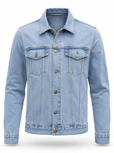 Veste en jean bleu clair pour homme avec logo personnalisé, 100 % coton, coupe classique, fermeture boutonnée, délavée, coupe-vent, écologique, style décontracté - Product Image 1