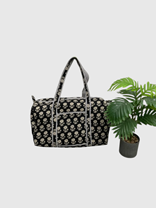 <b>Black</b> Floral Patterned Duffel <b>Bag</b> <b>Large</b> Capacity Zipper Travel Weekender Tote Textile - Product Image 2