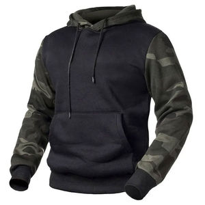 Men's Hooded Sweatshirt Camouflage Sleeve <b>Black</b> <b>Fleece</b> Casual Pullover With Pocket Autumn Wear - Product Image 5