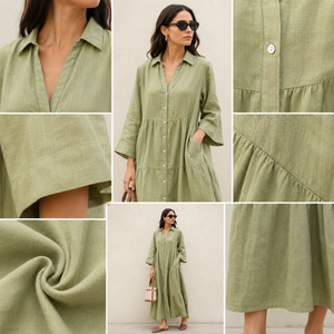 100% Cotton Handmade Simple Maxi <b>Dress</b> for Women Summer Casual Tiered Button Shirt Short Sleeve Collared Neck <b>Loose</b> Beach Long - Product Image 6