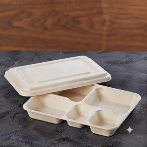 Plateau alimentaire blanc anti-fuite 5CP en bagasse de canne à sucre avec couvercle, biodégradable et compostable, respectueux de l'environnement, fabriqué à partir de fibres de pulpe de canne à sucre - Product Image 6