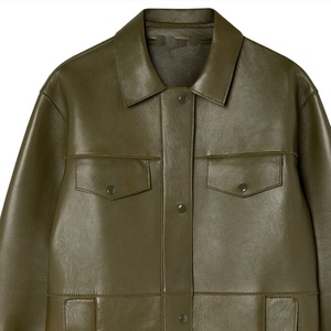 Chaqueta de cuero genuino extragrande para mujer, estilo universitario, color verde oliva, sobrecamisa utilitaria con botones cubiertos OEM, ropa exterior. - Product Image 2