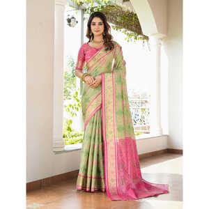 ผ้าส่าหรีปาโตลาทอแบบออร์แกนซ่าสีเขียวพิสตา ประดับด้วยด้ายซารี  เสื้อผ้าอินเดียและปากีสถาน - Product Image 3