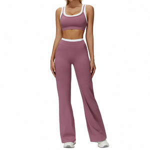 Conjunto de Yoga de 2 Piezas Transpirable con Bloques de Color y Efecto Segunda Piel, Acanalado, de Cintura Alta, Versátil para Fitness y Uso Casual al Aire Libre - Product Image 3