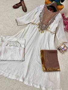 Women's White Cotton Salwar <b>Suit</b> With Brown Dupatta Traditional Floor-Length Ethnic Wear India Pakistan Style - Product Image 5