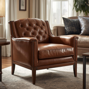 Sillón de Cuero Marrón Vintage con Respaldo Acolchado con Botones y Adornos de Tachuelas, Silla Clásica para Sala de Estar u Oficina - Product Image 2