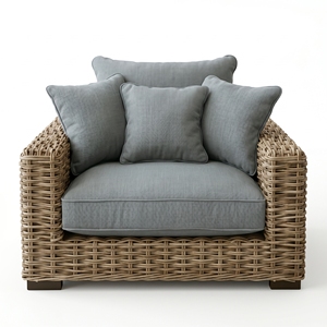 Fauteuils Saint Martinez en bois d'acajou et rotin Kuboo gris tressé, fauteuil en tissu gris épais, mobilier de patio haut de gamme pour resort - Product Image 1