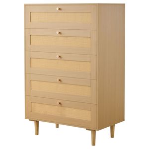 Comò Moderno in Rovere e Rattan con 5 Cassetti, Maniglie in Metallo e Gambe in Legno per Camera da Letto - Product Image 1