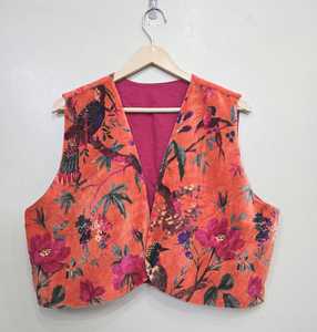 Floral & Bird Print Orange Velvet Sleeveless Vest – Luxury Designer Nature Inspired Outerwear - Product Image 5