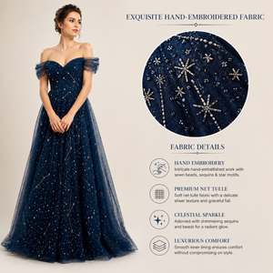 Robe de bal bleu marine luxueuse à épaules dénudées, robe de soirée en tulle ornée d'étoiles |   Tenues de soirée formelles pour femmes |   OEM Inde 2026 Pr - Product Image 5